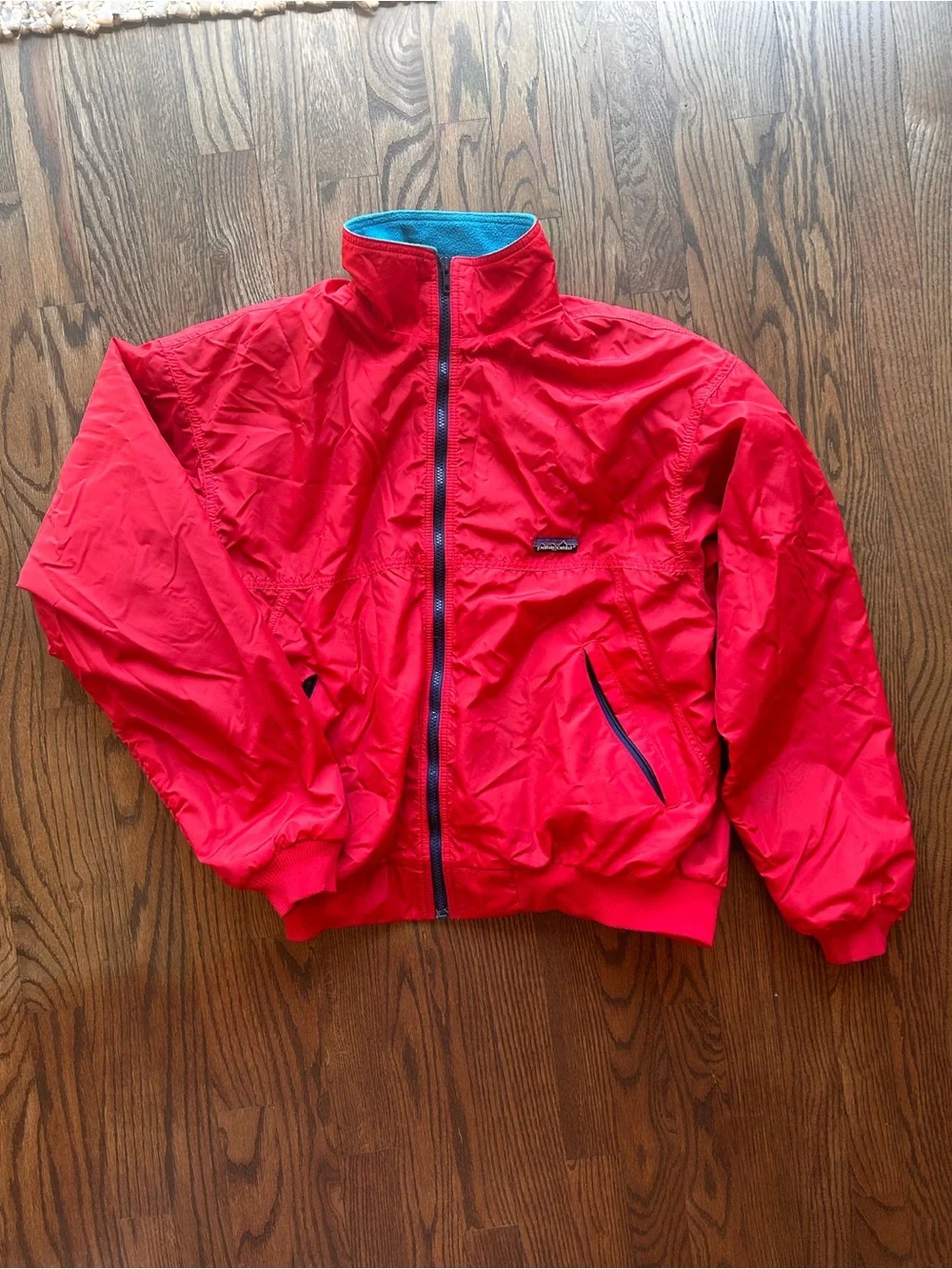 Patagonia Red Bomber Windbreaker Jacket with Light Blue Synchilla Fleece Lining